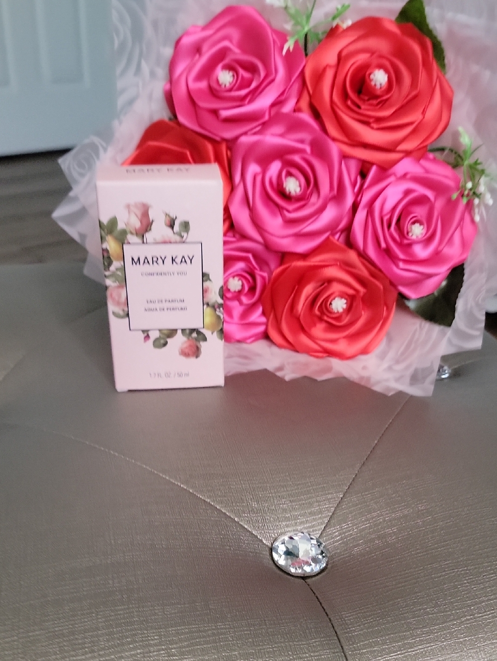 Mary Kay Pink and Red Floral Necklace with Clear Crystal Pendant